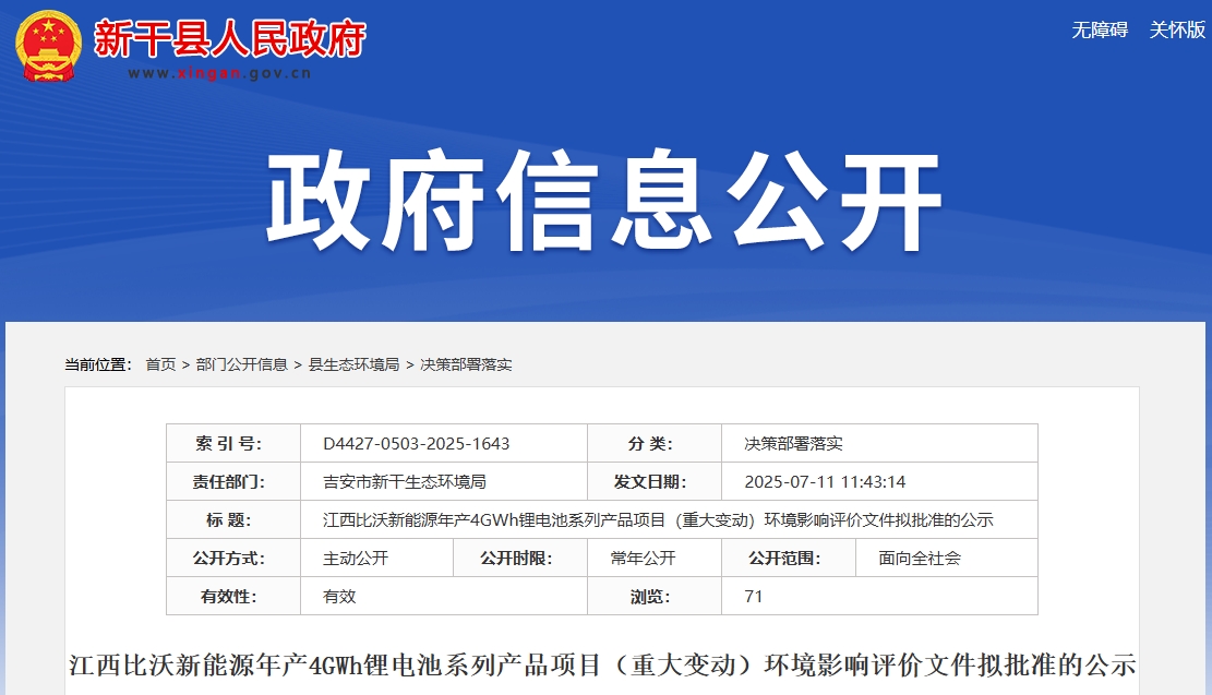 江西比沃新能源年产4GWh锂电池系列产品项目