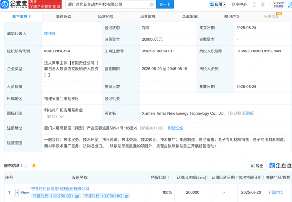 20亿元!宁德时代再落子福建厦门公司 20亿元!宁德时代再落子福建厦门公司