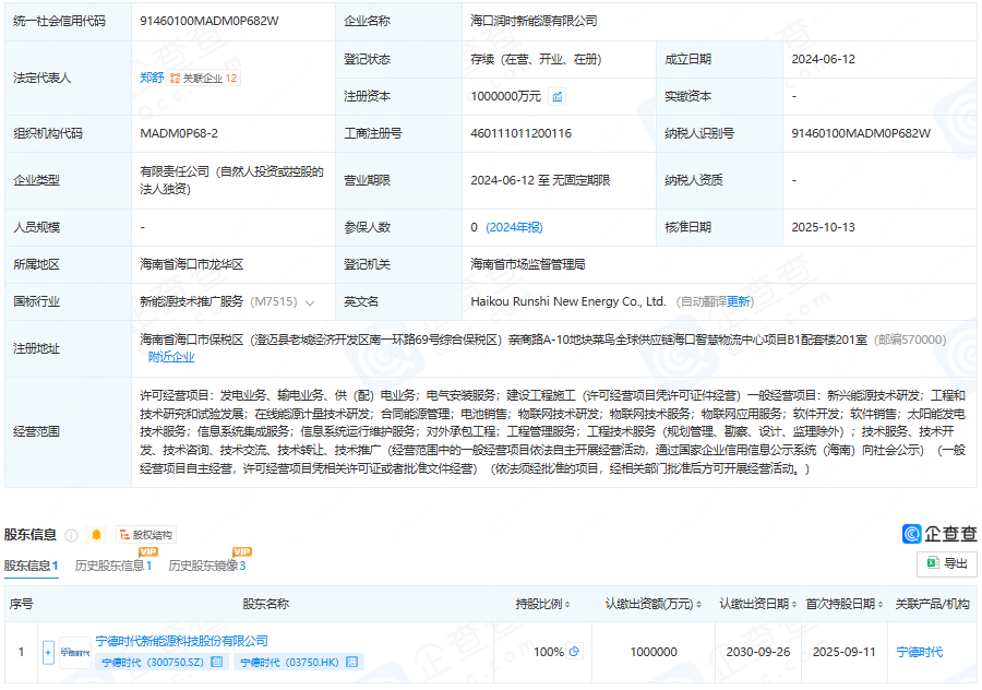 宁德时代旗下新能源公司增资至100亿元 宁德时代旗下新能源公司增资至100亿元