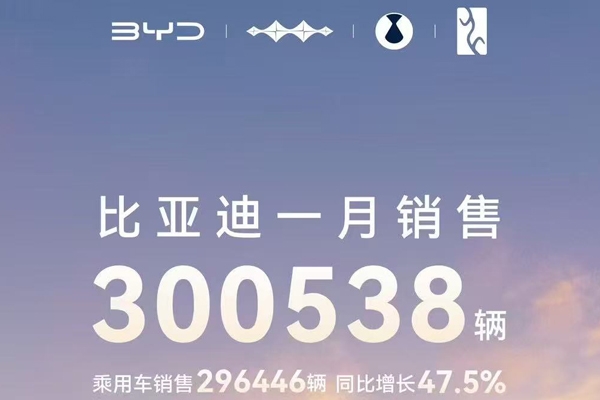 比亚迪1月销量约30.05万辆 动力及储能电池装