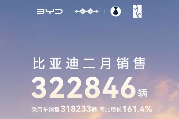 比亚迪汽车：2月份销售322846辆 同比增长